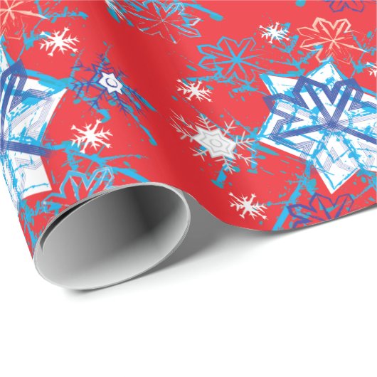 Vakantige rode en blauwe sneeuwvlokken en sterren cadeaupapier (Rol Hoek)
