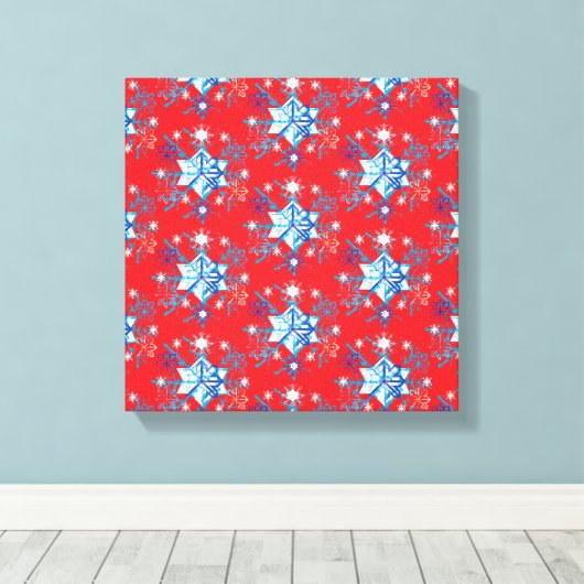 Vakantige rode en blauwe sneeuwvlokken en sterren canvas afdruk (Insitu (Houten vloer))