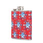 Vakantige rode en blauwe sneeuwvlokken en sterren heupfles (Links)