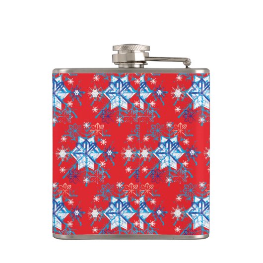 Vakantige rode en blauwe sneeuwvlokken en sterren heupfles (Achterkant)