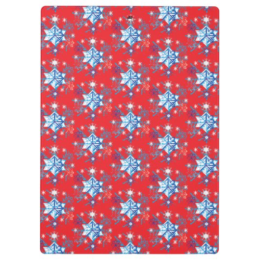 Vakantige rode en blauwe sneeuwvlokken en sterren klembord (Achterkant)