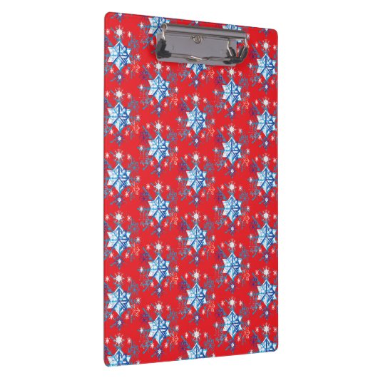 Vakantige rode en blauwe sneeuwvlokken en sterren klembord (Rechts)