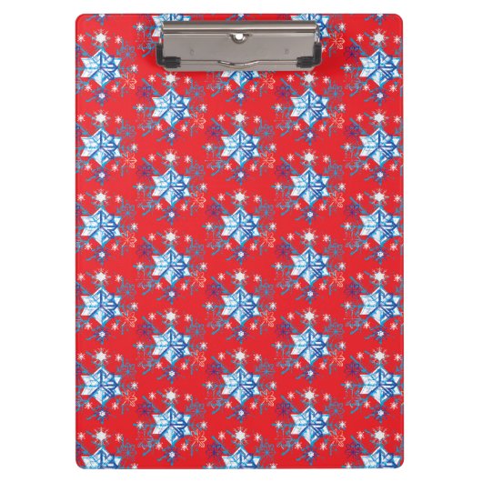 Vakantige rode en blauwe sneeuwvlokken en sterren klembord (Voorkant)