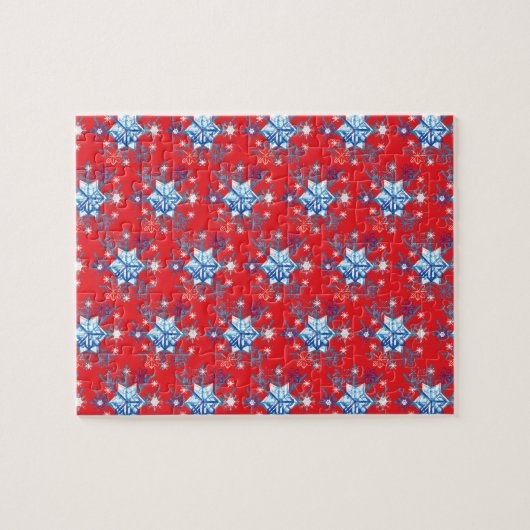 Vakantige rode en blauwe sneeuwvlokken en sterren legpuzzel (Horizontaal)