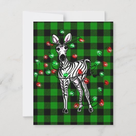 Vakantige Zebra, groene tartan, kronkellichten   Notitiekaartje (Voorkant)