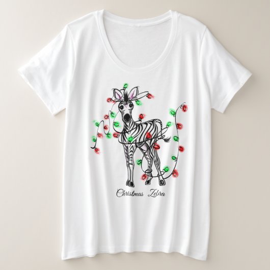 Vakantige Zebra, rode, groene kerstinktlichten Grote Maat T-shirt (Design voorkant)