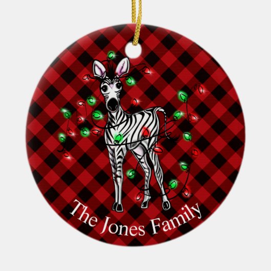 Vakantige Zebra, rode tartan, kronkelende lichten Keramisch Ornament (Voorkant)