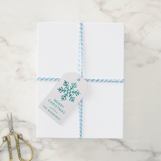 Vakkerkerkerstak Turquoise Glitter Snowflake Cadeaulabel (Met Touw)