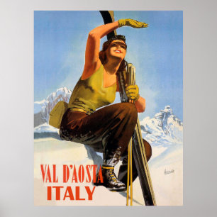 Val d'Aosta, Italië. Skiende vrouw. Wintervakanti Poster