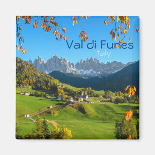 Val di Funes met herfstbladeren vierkante tekstmag Magneet