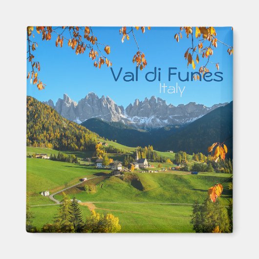 Val di Funes met herfstbladeren vierkante tekstmag Magneet (Voorkant)