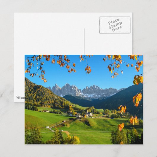 Val di Funes vallei met briefkaart van herfstblade (Voorkant / Achterkant)