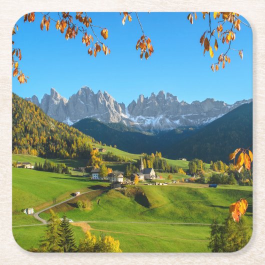 Val di Funes vallei met onderzetter van herfstblad (Voorkant)
