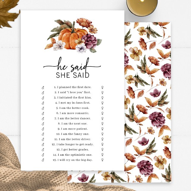 Val Hij Zei Zij Zei Spel (Fall Bridal He Said She Said Game Fall In Love Bridal Shower Pumpkin Florals by Painted Paperie)