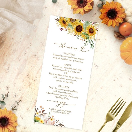 Val-in-Lief Zonnebloem Pompoen Herfst Bruiloftsmen Menu