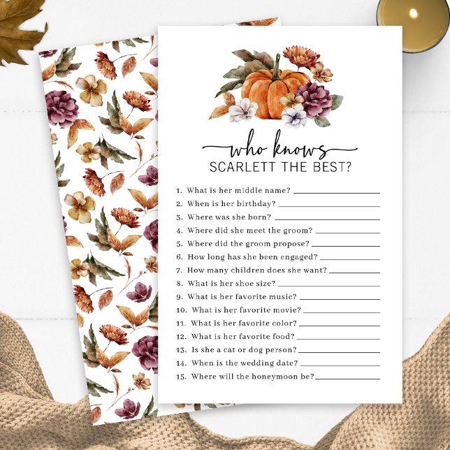 Val Wie Kent Het Bruidsspel (Fall Who Knows The Bride Game Fall In Love Bridal Shower Pumpkin Florals by Painted Paperie)