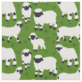 Valais Blwlese Sheep Illustrations on Green Stof