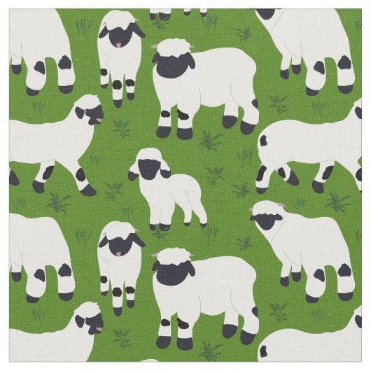 Valais Blwlese Sheep Illustrations on Green Stof (Close Up)