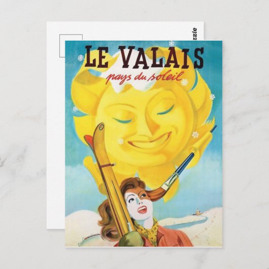 Valais, Vrouw met ski onder lichte zon Briefkaart (Voorkant / Achterkant)