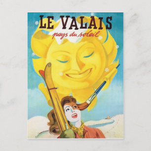 Valais, vrouw met ski onder zachte zon briefkaart