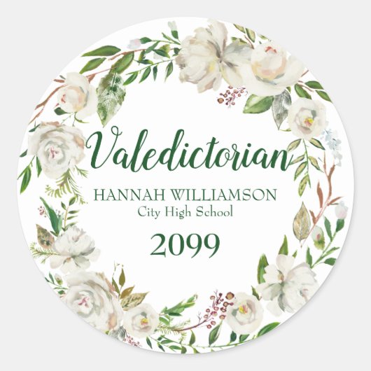 Valedictoriaans Afstuderen Wit Bloemen gepersonali Ronde Sticker (Voorkant)