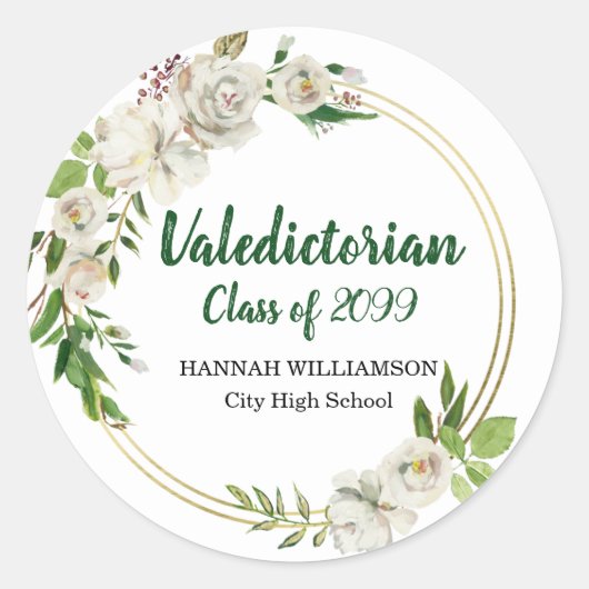 Valedictorian White Floral Gepersonaliseerd Afstud Ronde Sticker (Voorkant)