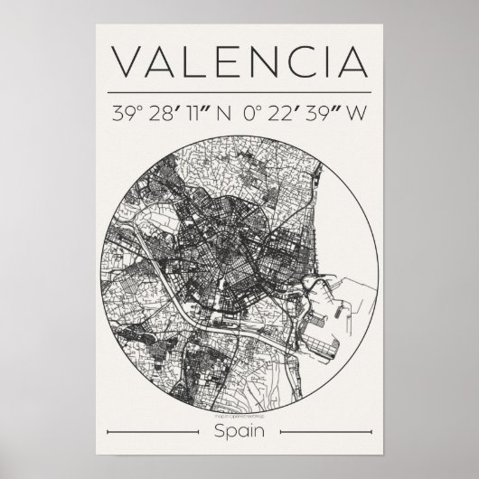 Valencia City Map Poster Minimal Charcoal Wall Art (Voorkant)