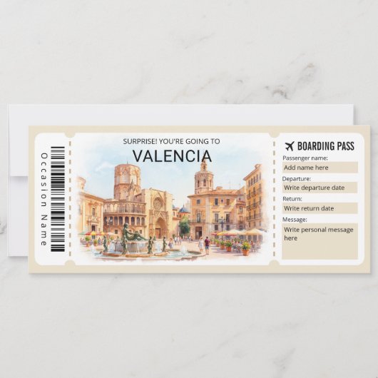 Valencia Spain Trip Boarding Pass Ticket Kaart (Voorkant)