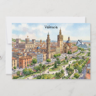 Valencia Spanje Aquarel Stadsgezicht Retro Reis Kaart