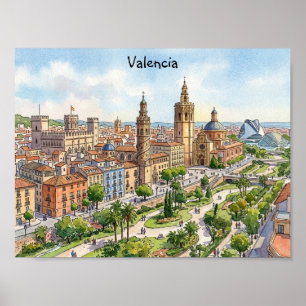Valencia Spanje Aquarel Stadsgezicht Retro Reis Poster