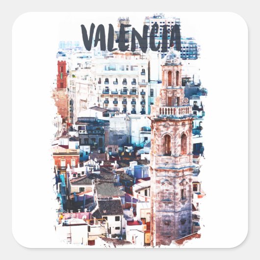Valencia Spanje Architectuur Waterverf Stad Vierkante Sticker (Voorkant)