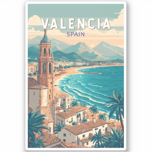Valencia Spanje Illustratie Reizen Art Vintage Sticker (Voorkant)