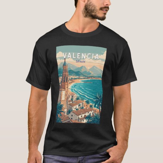 Valencia Spanje Illustratie Reizen Art Vintage T-shirt (Voorkant)
