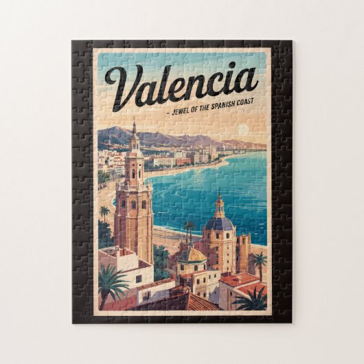 Valencia Spanje Kust Illustratie Reizen Art Retro Legpuzzel (Verticaal)