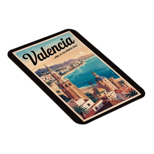 Valencia Spanje Kust Illustratie Reizen Art Retro Magneet (Rechterzijde)