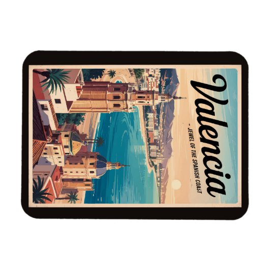 Valencia Spanje Kust Illustratie Reizen Art Retro Magneet (Horizontaal)
