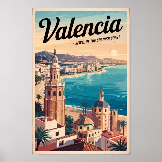 Valencia Spanje Kust Illustratie Reizen Art Retro Poster (Voorkant)