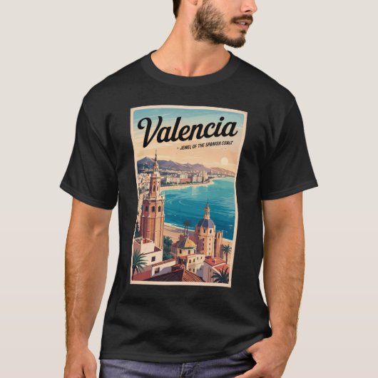 Valencia Spanje Kust Illustratie Reizen Art Retro T-shirt (Voorkant)