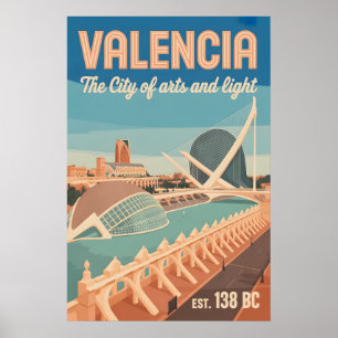 Valencia Spanje Retro Silhouette Stadslandschap Re Poster