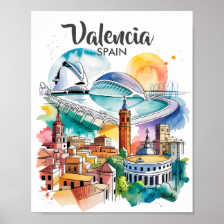 Valencia Spanje Stadsgezicht Aquarel Reis Aangepas Poster