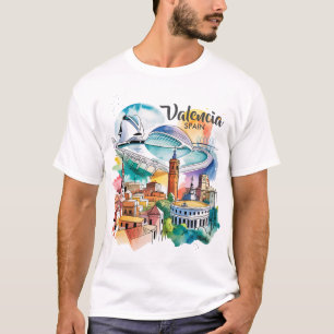 Valencia Spanje Stadslandschap Aquarel Reis Aangep T-shirt