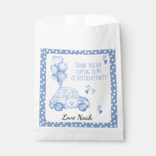 Valentijn 1e Verjaardag Blauwe Ballon en Auto Bedankzakje (Voorkant)