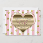 Valentijn 1e Verjaardag ONE Gold Heart Pink Stripe Kaart (Voorkant)