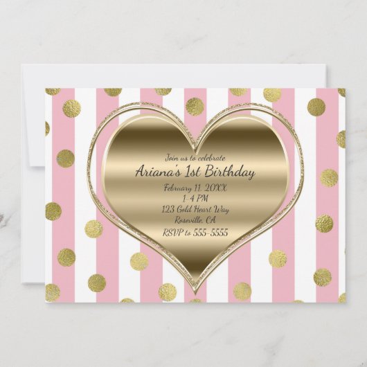 Valentijn 1e Verjaardag ONE Gold Heart Pink Stripe Kaart (Achterkant)