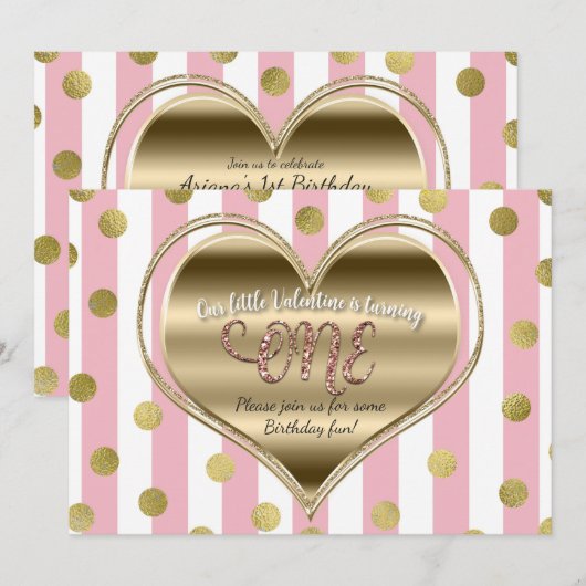 Valentijn 1e Verjaardag ONE Gold Heart Pink Stripe Kaart (Voorkant / Achterkant)
