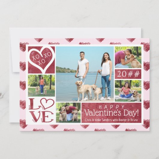 Valentijn 5 Fotocollage Wijn Waterverf Harten Feestdagenkaart (Voorkant)