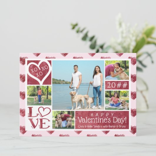 Valentijn 5 Fotocollage Wijn Waterverf Harten Feestdagenkaart (Staand voorkant)