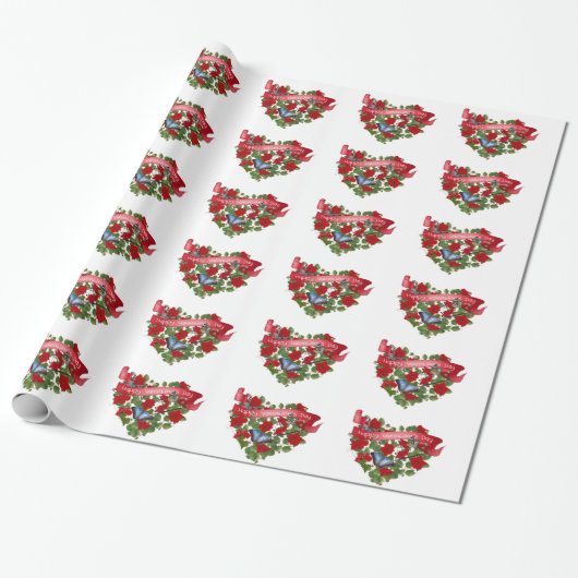 valentijn banner red petunias en vlinderhart cadeaupapier (Uitgerold)