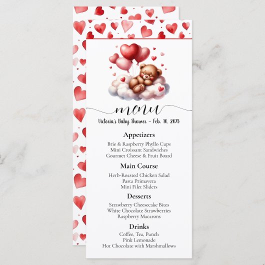 Valentijn Beer Baby shower Menu (Voorkant / Achterkant)