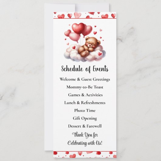 Valentijn Beer Baby shower Menu en Programma (Achterkant)